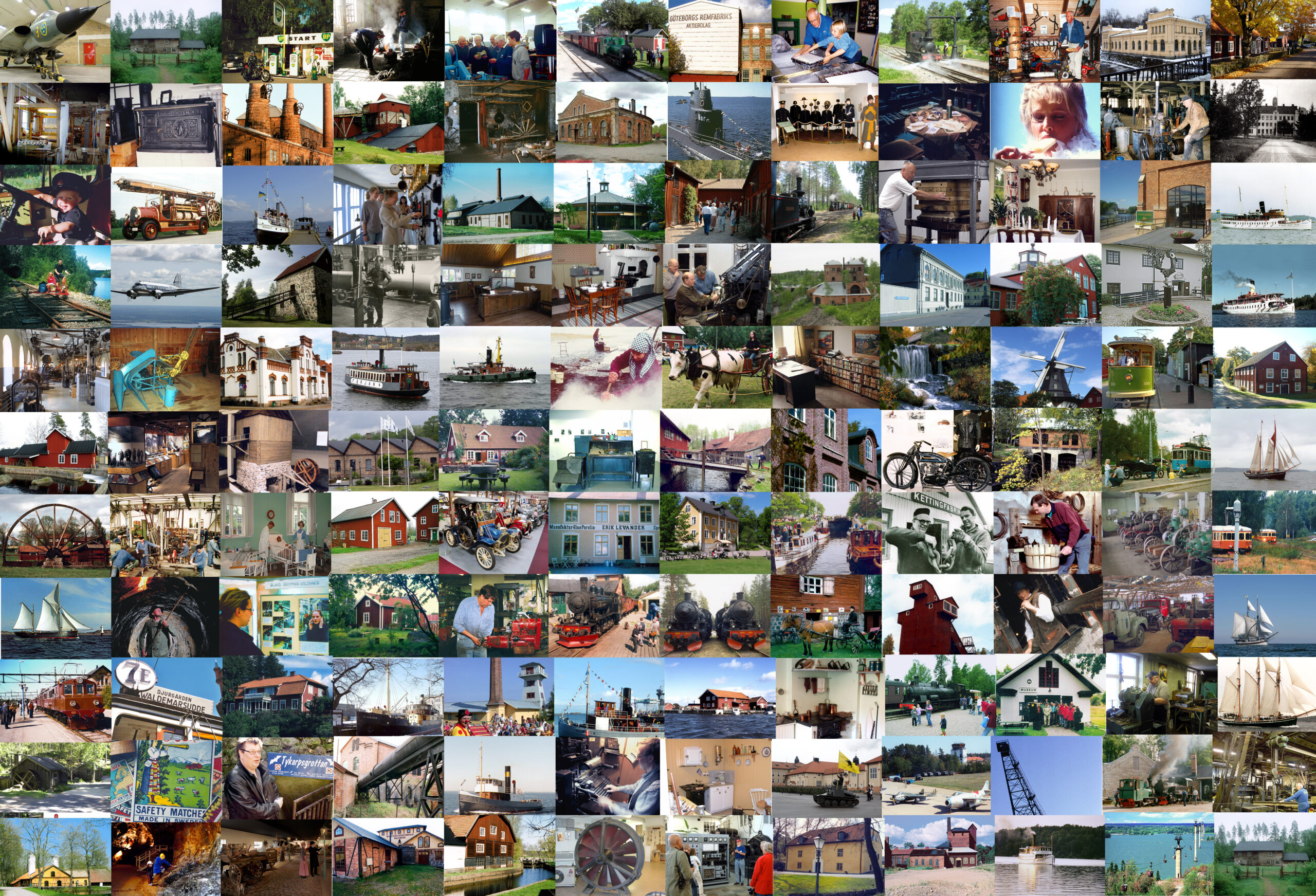 Ett kollage över otaliga arbetslivsmuseer runt om i landet: kvarnar, gruvor, bruksmiljöer, flygplan, veteranbilar, tåg, fartyg och mycket mer.
