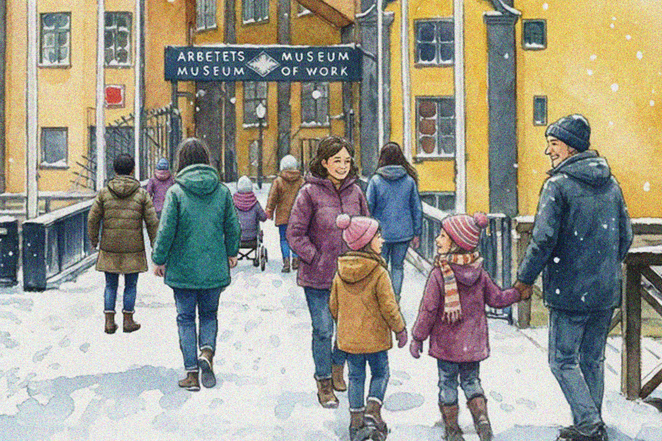 Glada människor på väg mot Arbetets museums entré i vinterskrud. AI-genererad bild i akvarellstil.
